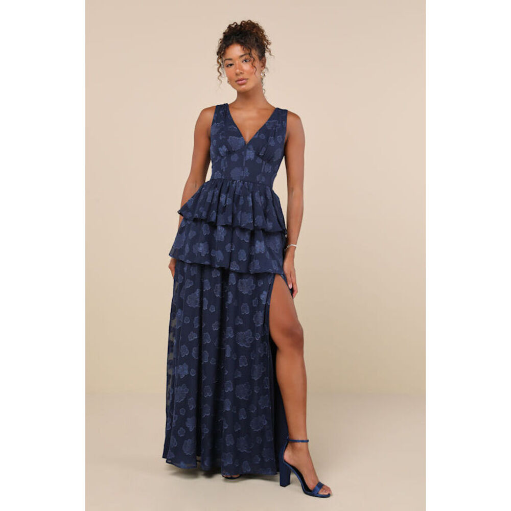 COPY - Lulus Cherished Elegance Navy Blue Burnout Jacquard Tiered Maxi Dress - …